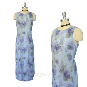 Vintage 90s Floral Print Maxi Dress Size M Blue Ethereal Fairy Grunge Cottage